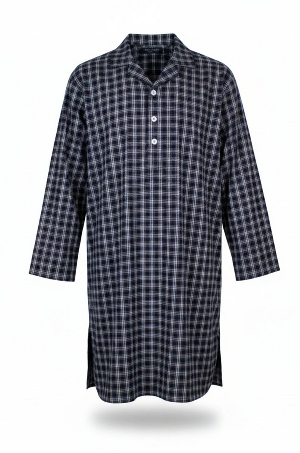 Winterweight Long Sleeve Nightshirt - Navy Ivory Tartan Nightshirts - Contare