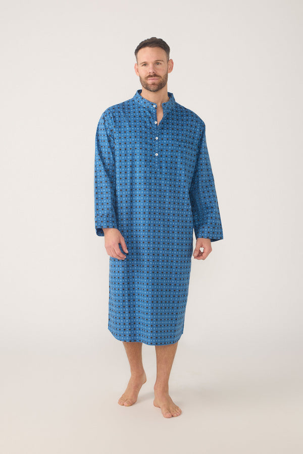 Men’s Flannelette Neru Collar Long Sleeve Nightshirt – Dawn Nightshirt - Contare