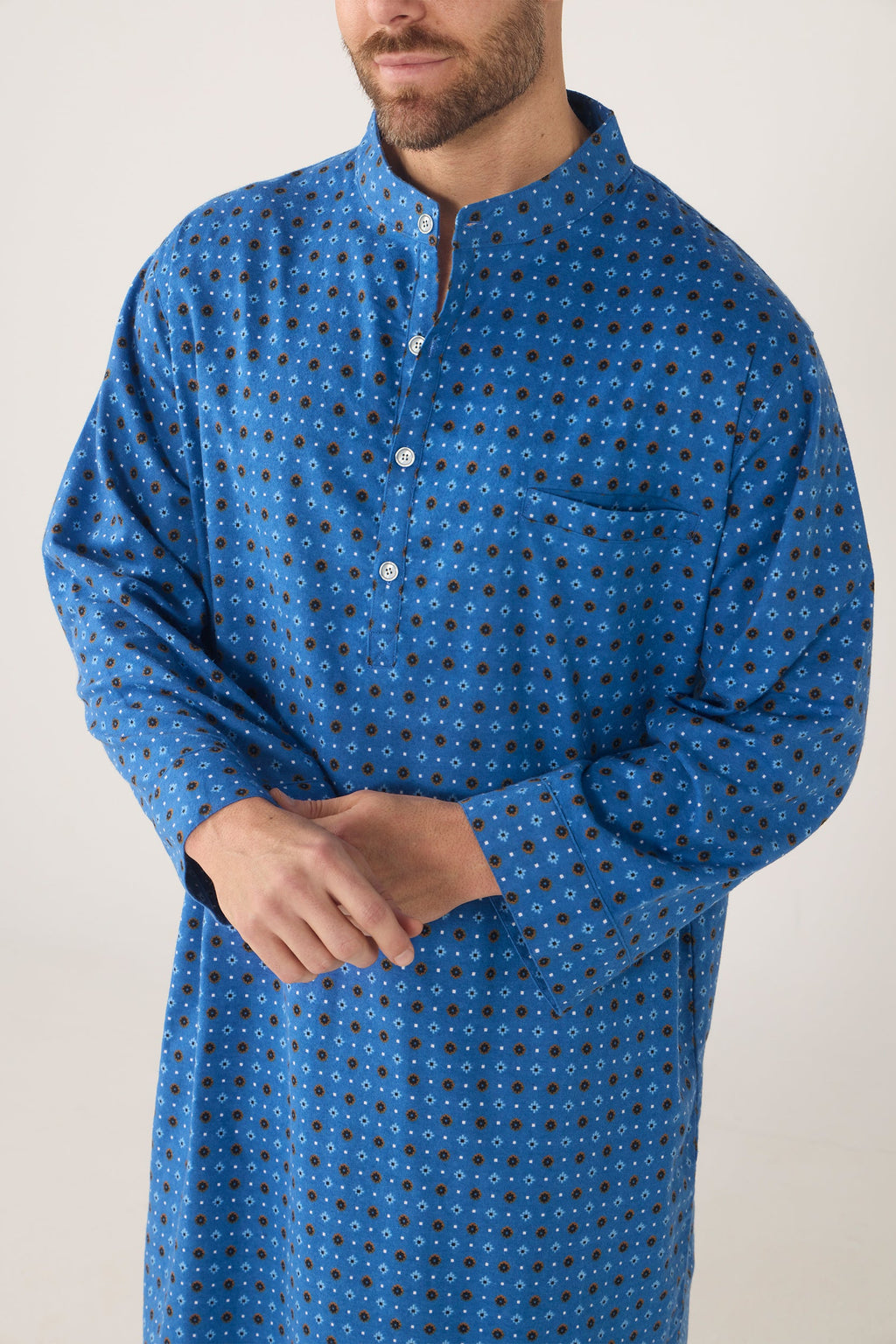 Men’s Flannelette Neru Collar Long Sleeve Nightshirt – Dawn Nightshirt - Contare