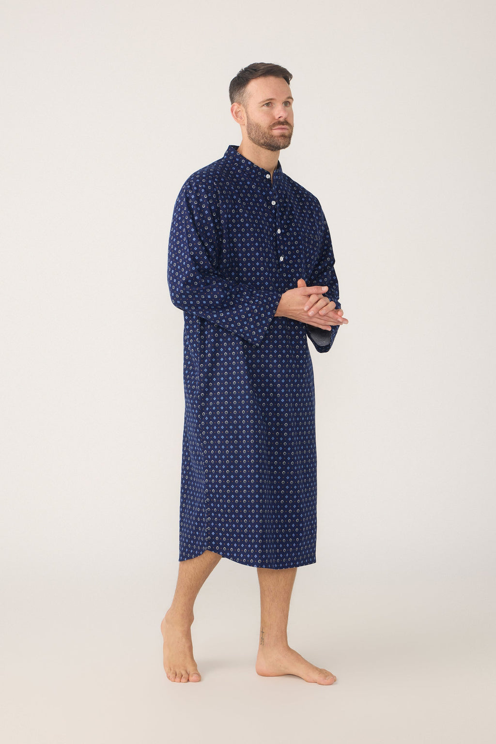 Men’s Flannelette Neru Collar Long Sleeve Nightshirt – Midnight Sail Nightshirt - Contare