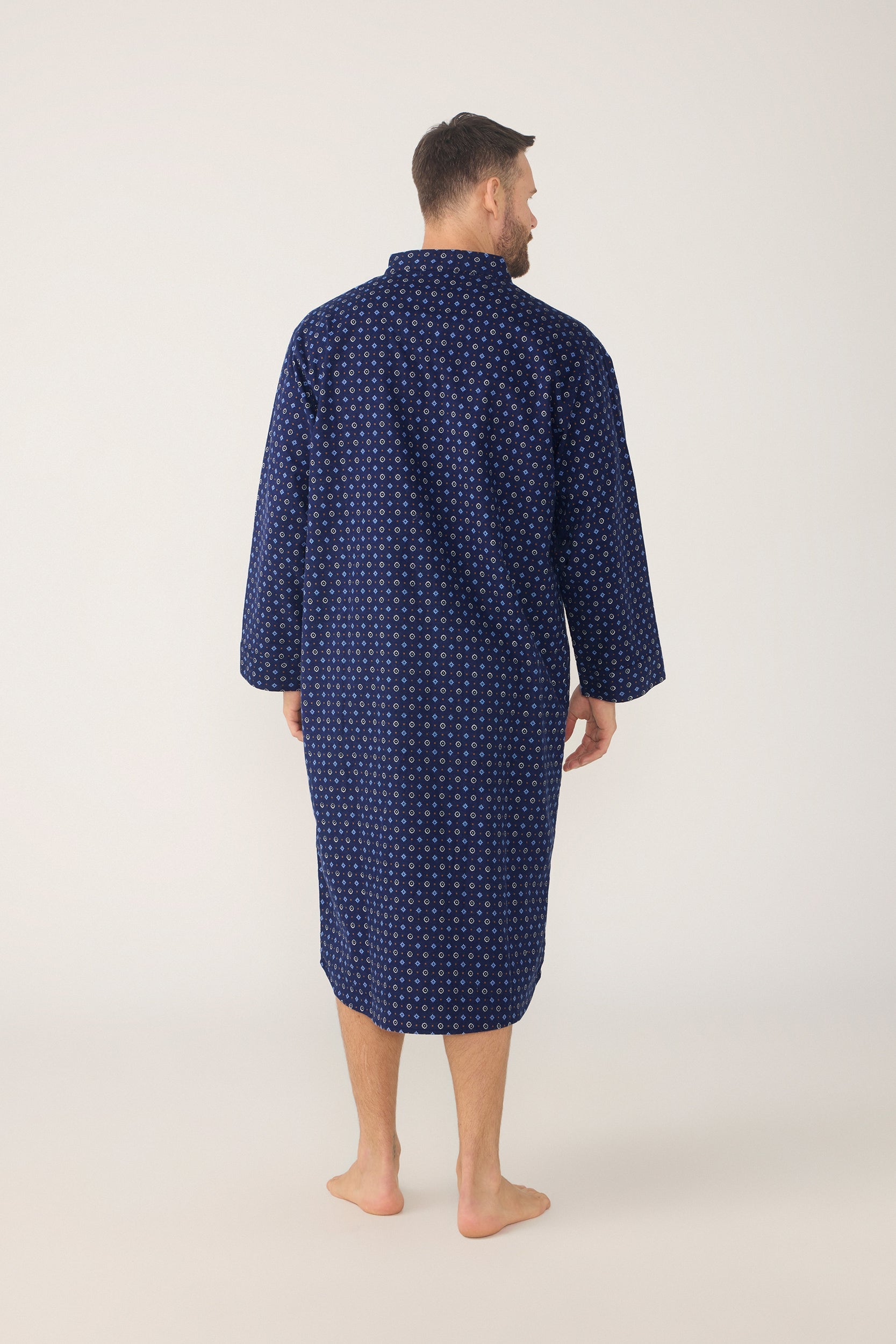 Men’s Flannelette Neru Collar Long Sleeve Nightshirt – Midnight Sail Nightshirt - Contare