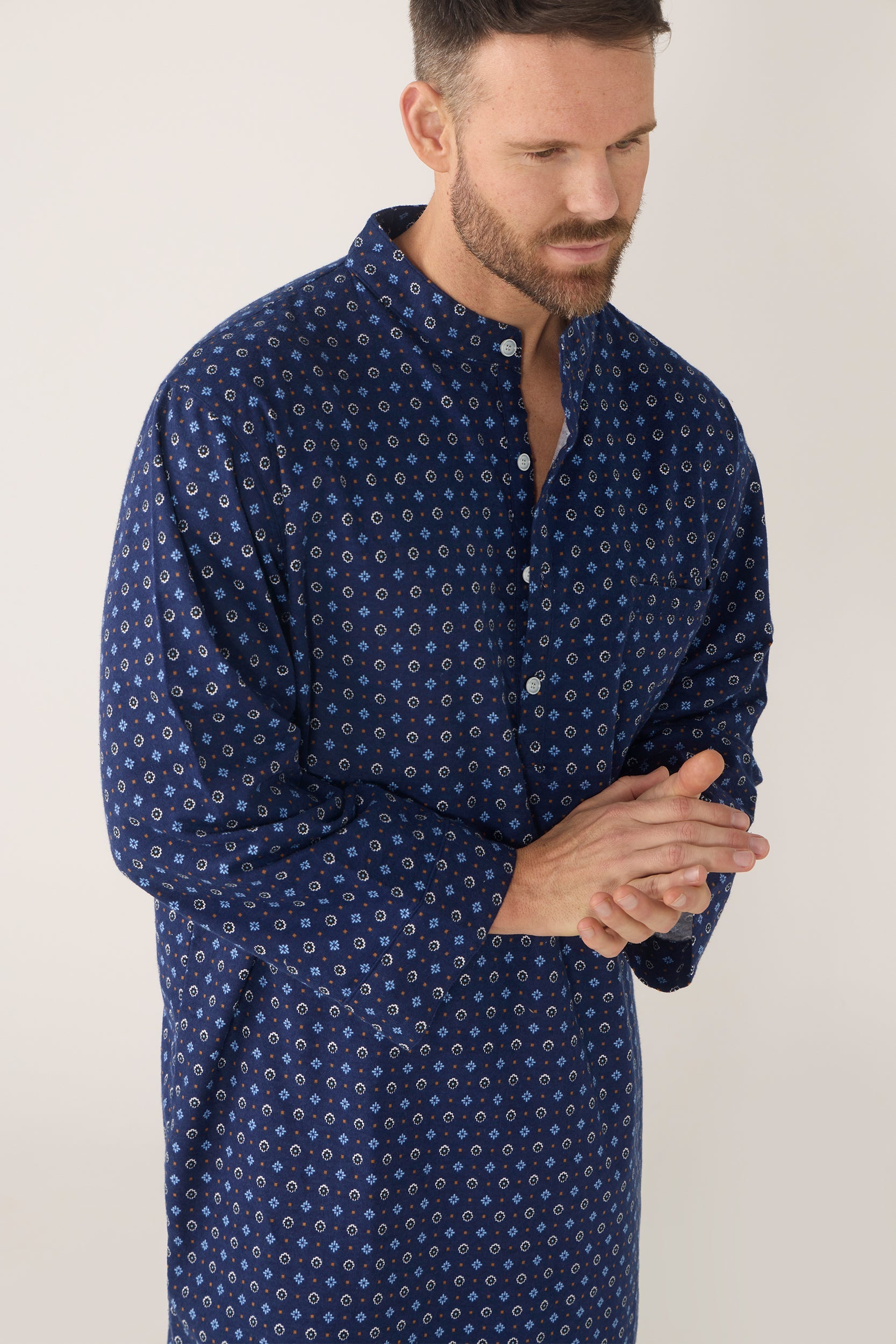 Men’s Flannelette Neru Collar Long Sleeve Nightshirt – Midnight Sail Nightshirt - Contare
