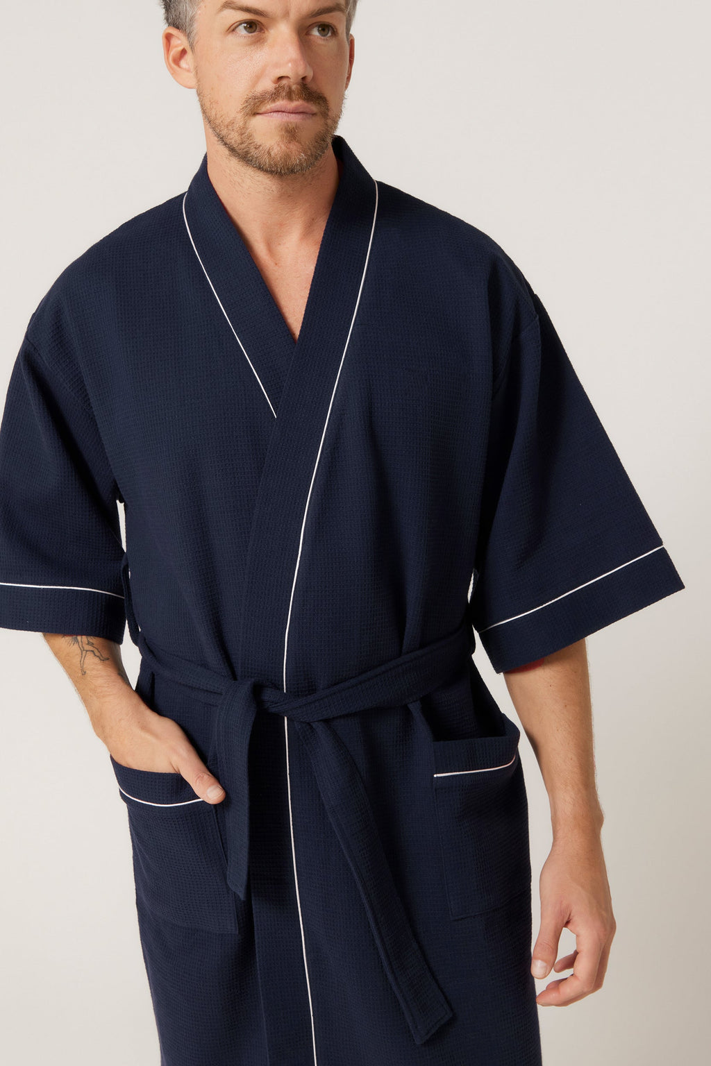 Men's Cotton Waffle Bathrobe - French Navy Robe - Contare