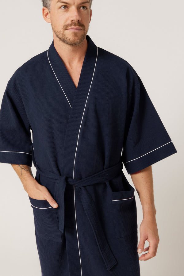 Men's Cotton Waffle Bathrobe - French Navy Robe - Contare