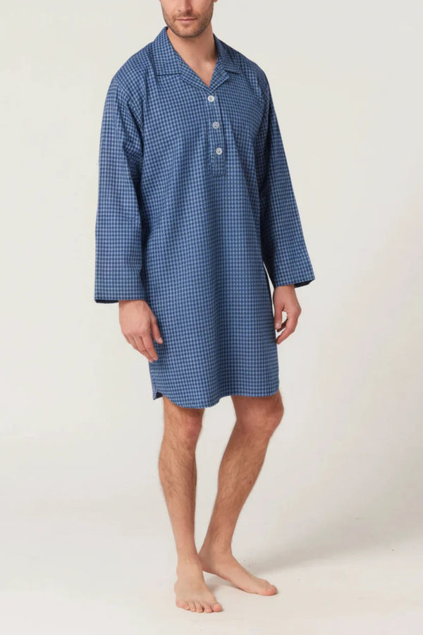 Winterweight Long Sleeve Nightshirt - Navy Check Nightshirts - Contare