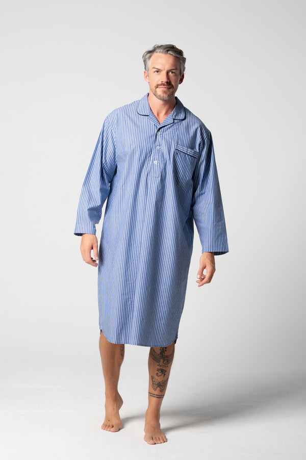 Unisex Refined Cotton Longer-Length Nightshirt - Denim Stripe
