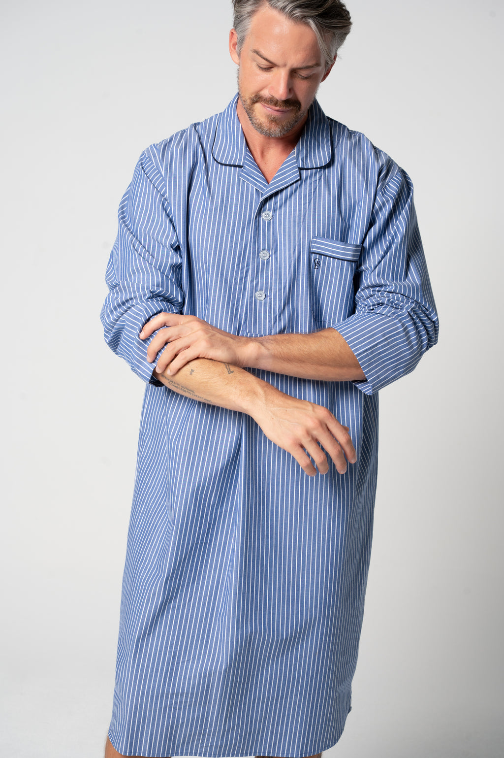 Unisex Refined Cotton Longer-Length Nightshirt - Denim Stripe