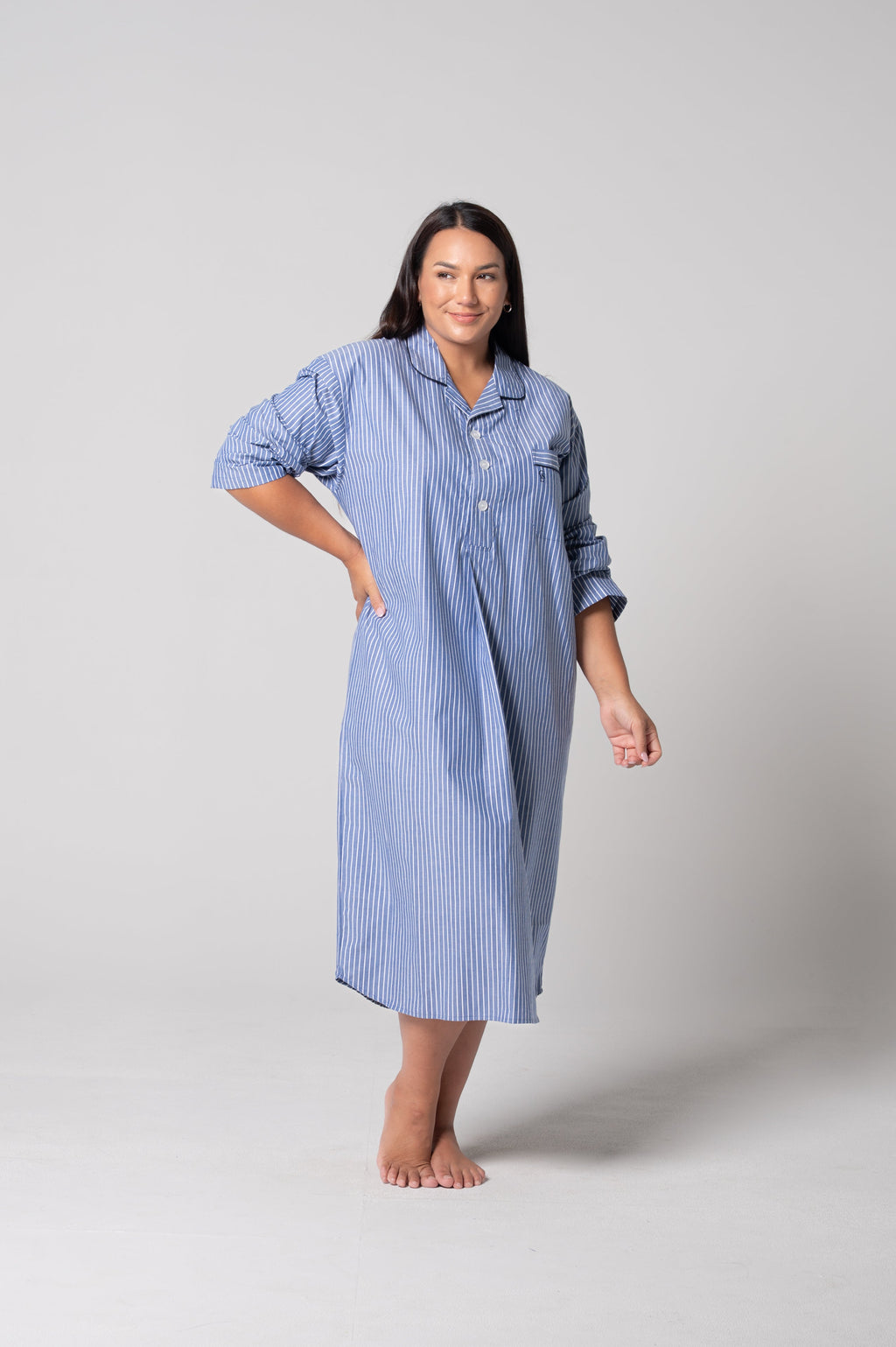 Unisex Refined Cotton Longer-Length Nightshirt - Denim Stripe