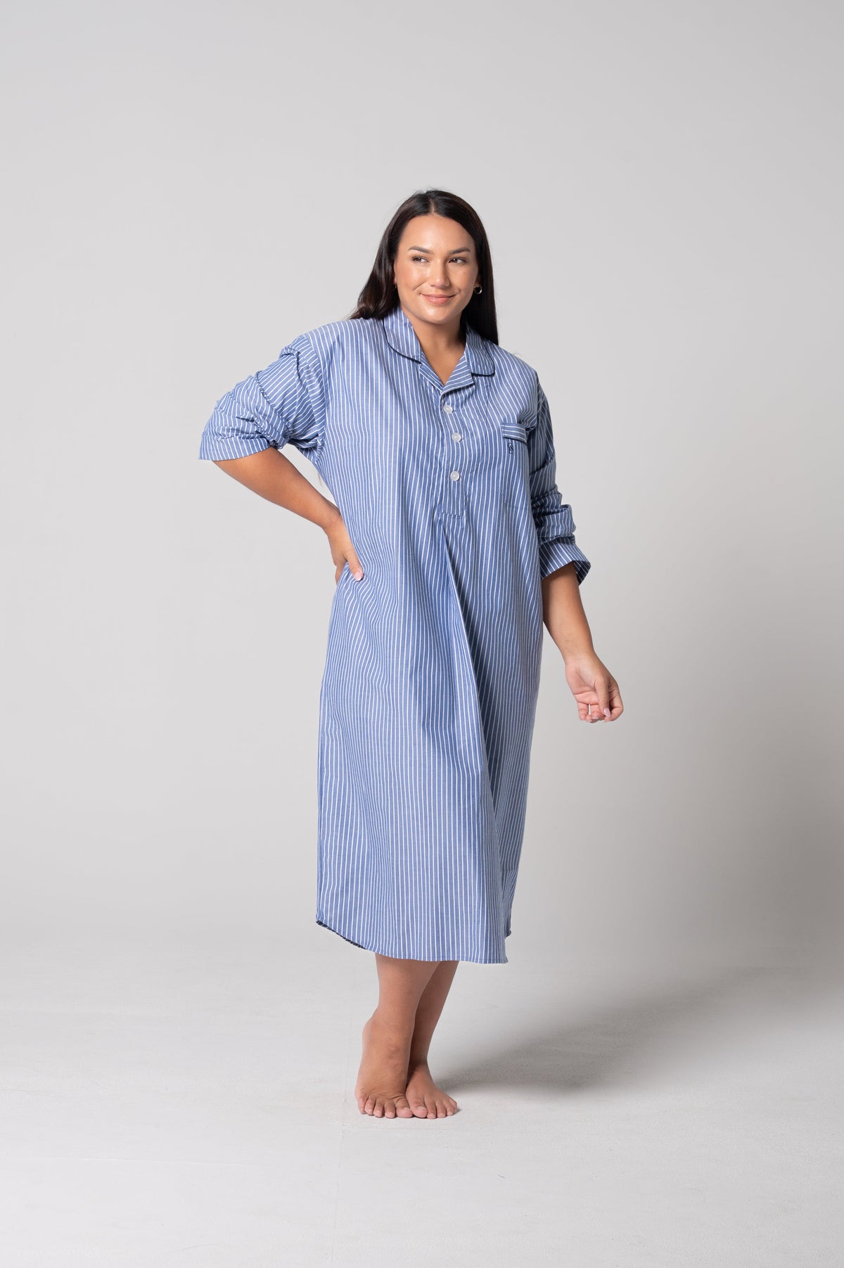 Unisex Refined Cotton Longer-Length Nightshirt - Denim Stripe