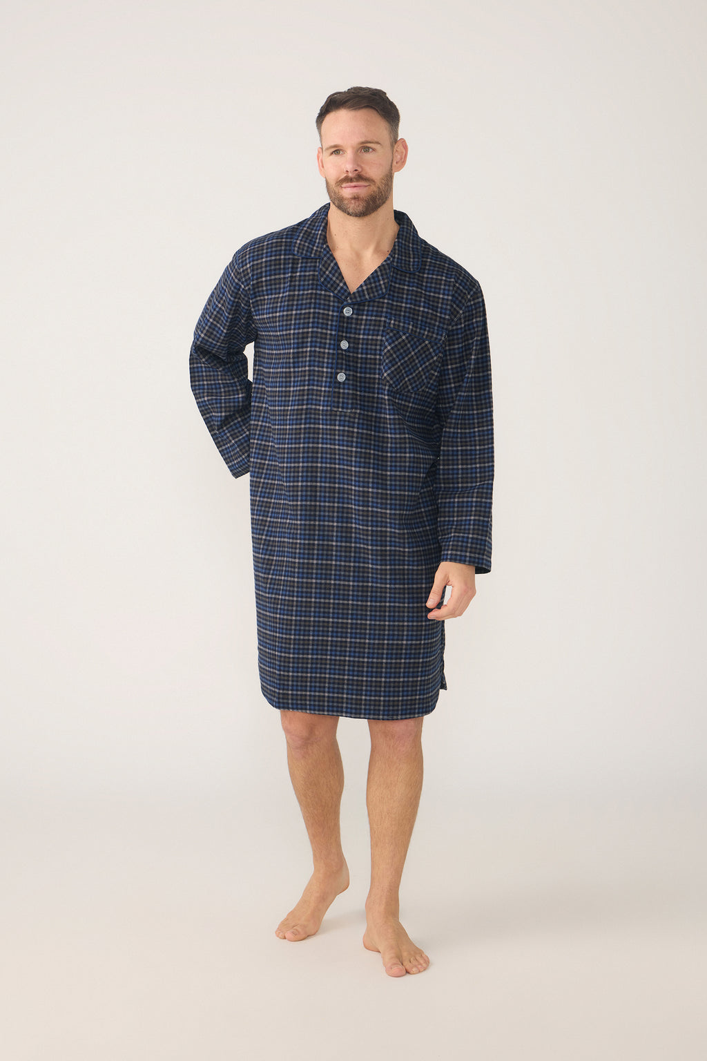 Men’s Winterweight Long Sleeve Knee-Length Nightshirt – Ancestry Tartan, Woodsmoke Nightshirts - Contare