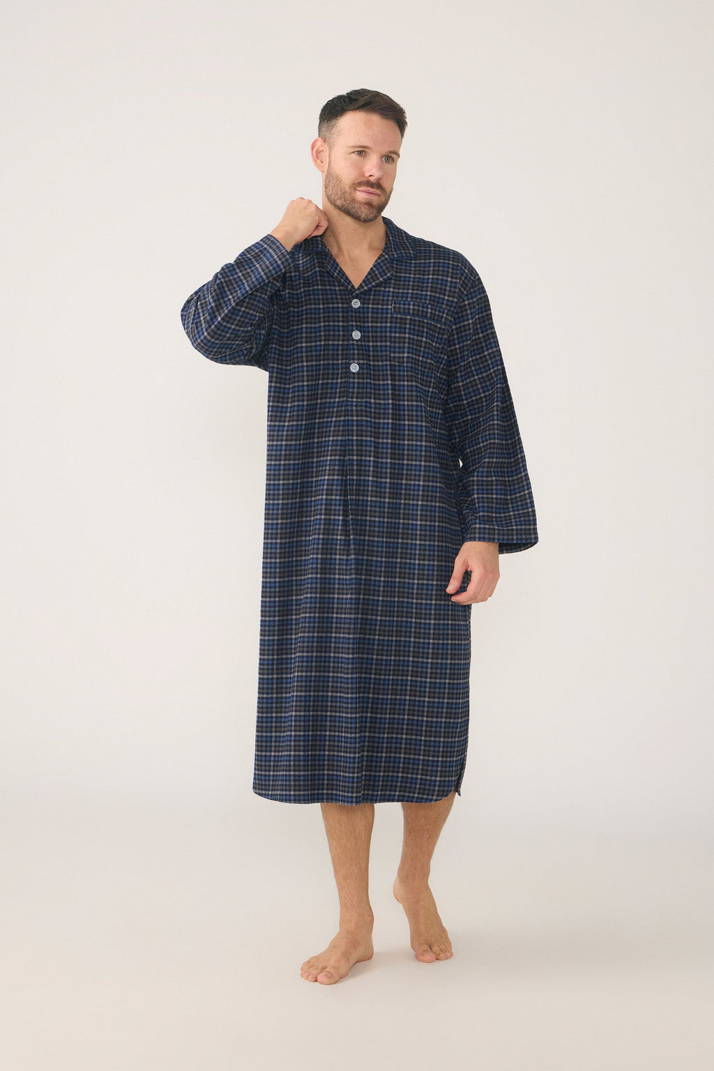 Men's Winterweight Long Sleeve Longer-Length Nightshirt – Ancestry Tartan, Woodsmoke Nightshirt - Contare