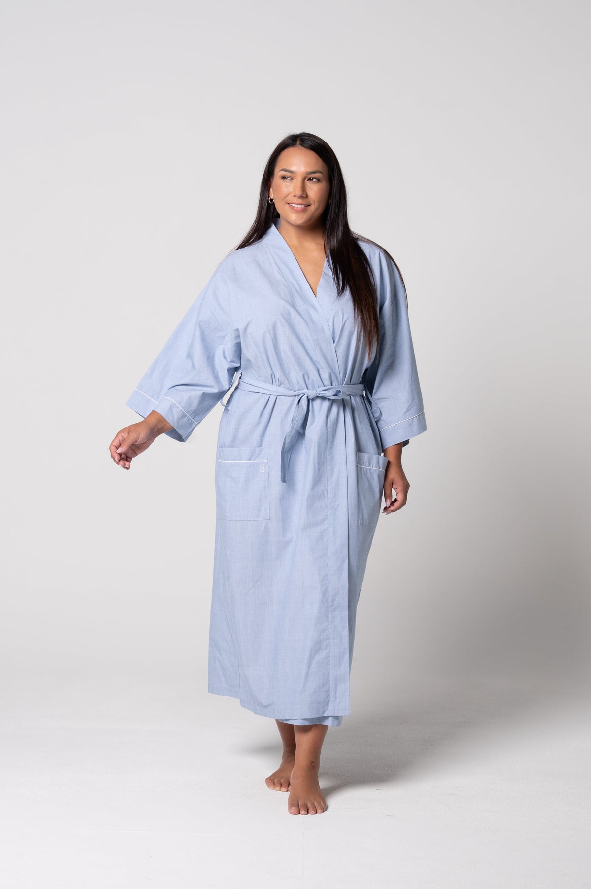 Unisex Refined Poplin Longer-Length Kimono Robe – Chambray