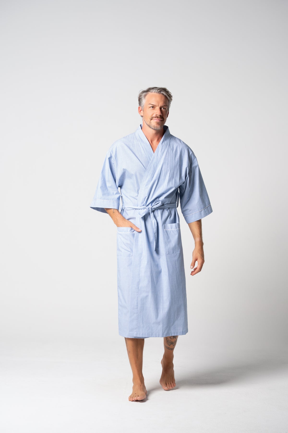 Unisex Refined Poplin Longer-Length Kimono Robe – Chambray