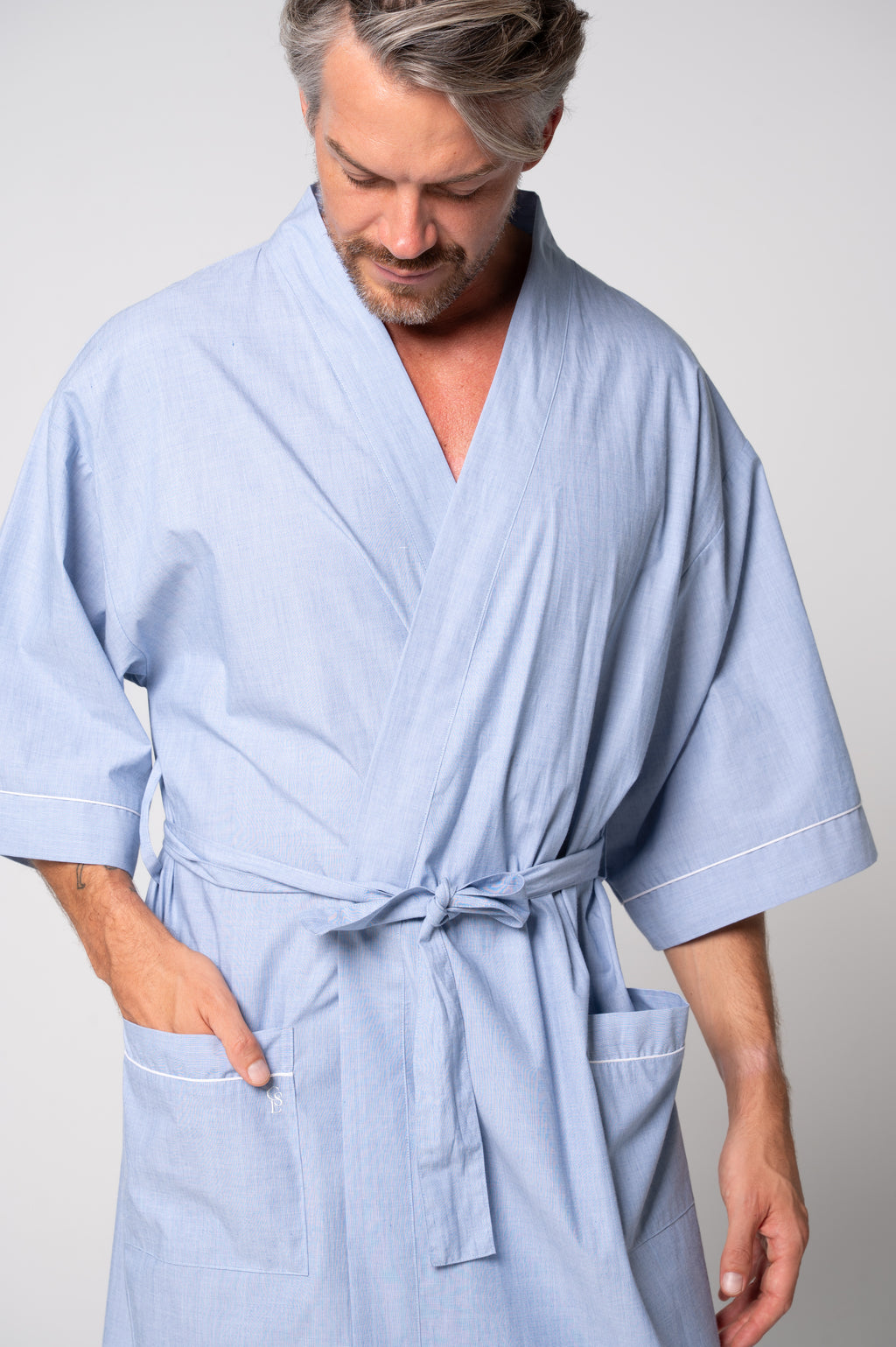 Unisex Refined Poplin Longer-Length Kimono Robe – Chambray