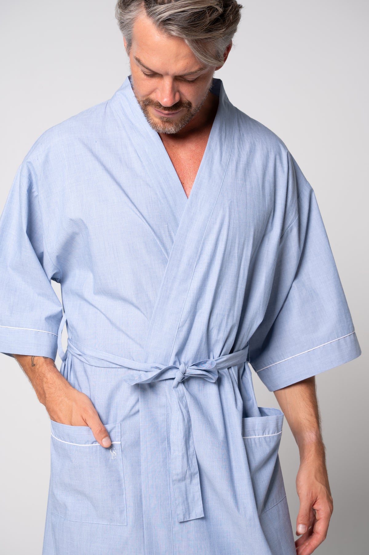 Unisex Refined Poplin Longer-Length Kimono Robe – Chambray