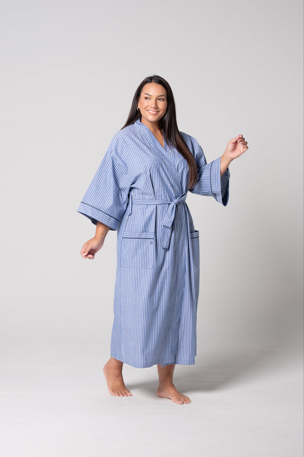 Unisex Refined Poplin Longer-Length Kimono Robe – Denim Stripe