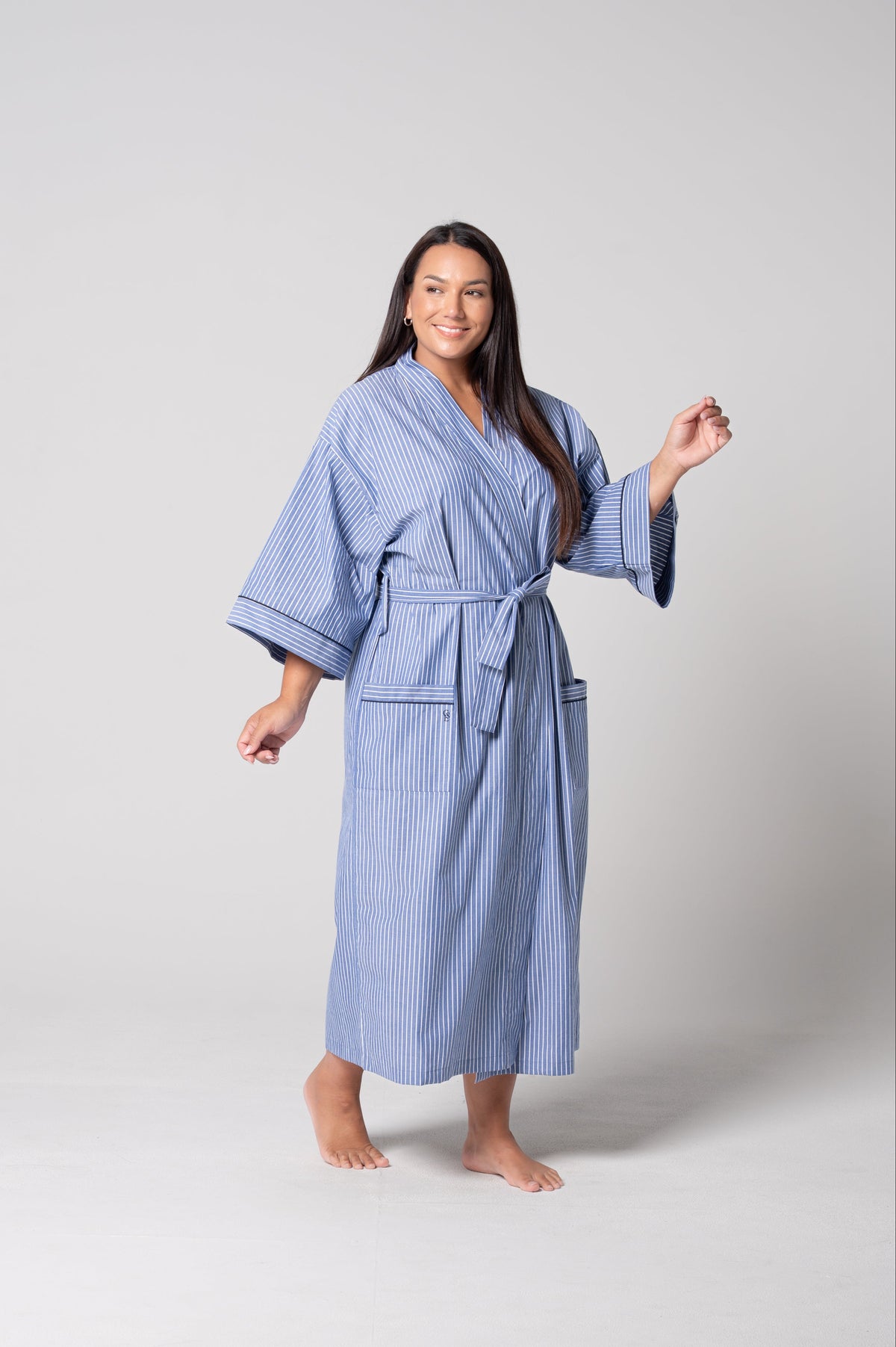 Unisex Refined Poplin Longer-Length Kimono Robe – Denim Stripe