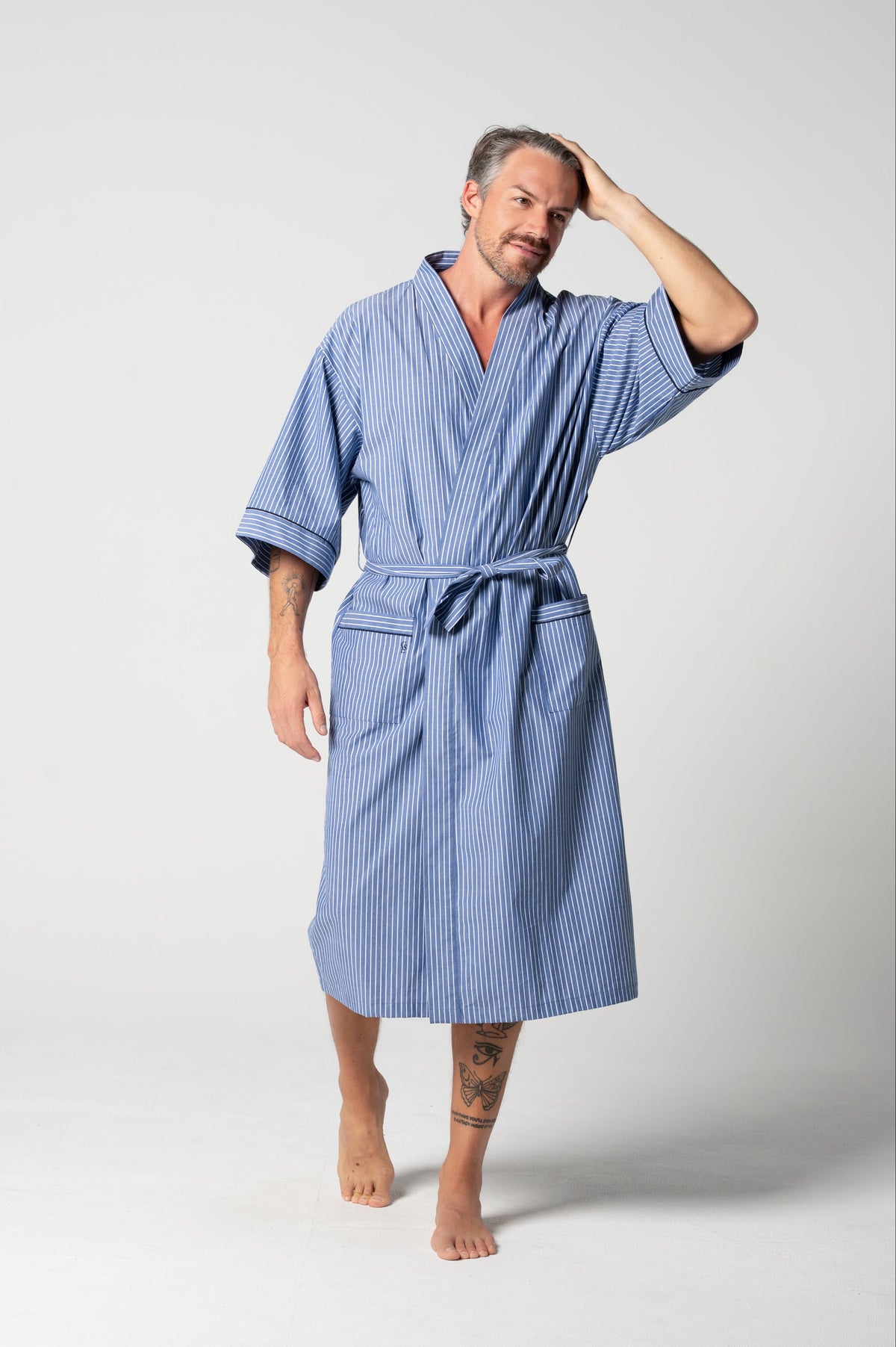 Unisex Refined Poplin Longer-Length Kimono Robe – Denim Stripe