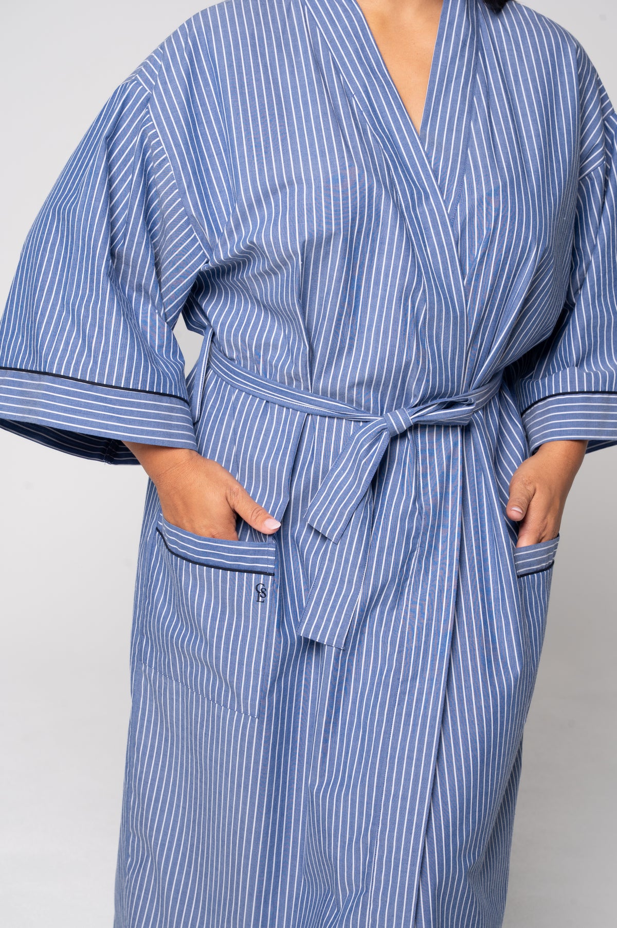 Unisex Refined Poplin Longer-Length Kimono Robe – Denim Stripe