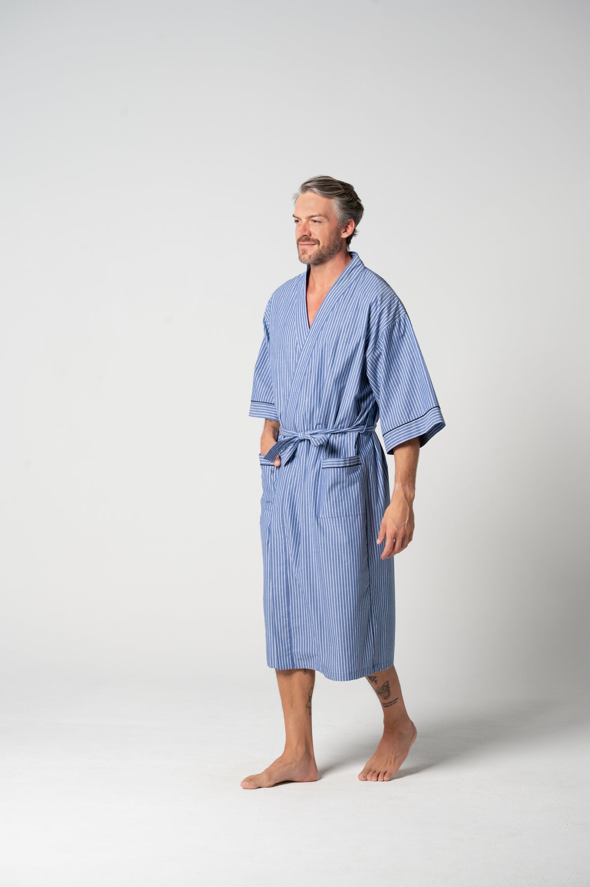 Unisex Refined Poplin Longer-Length Kimono Robe – Denim Stripe