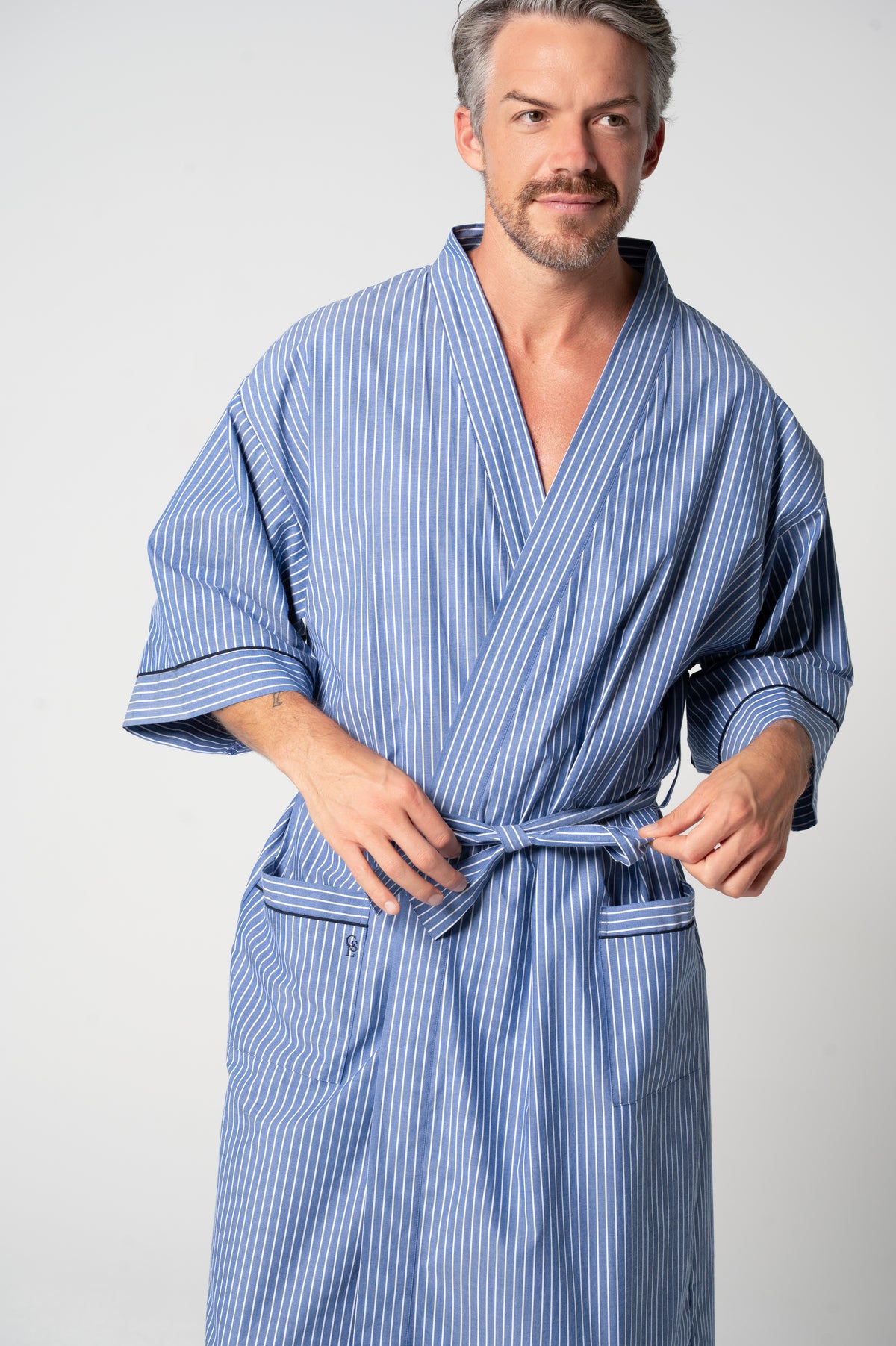Unisex Refined Poplin Longer-Length Kimono Robe – Denim Stripe