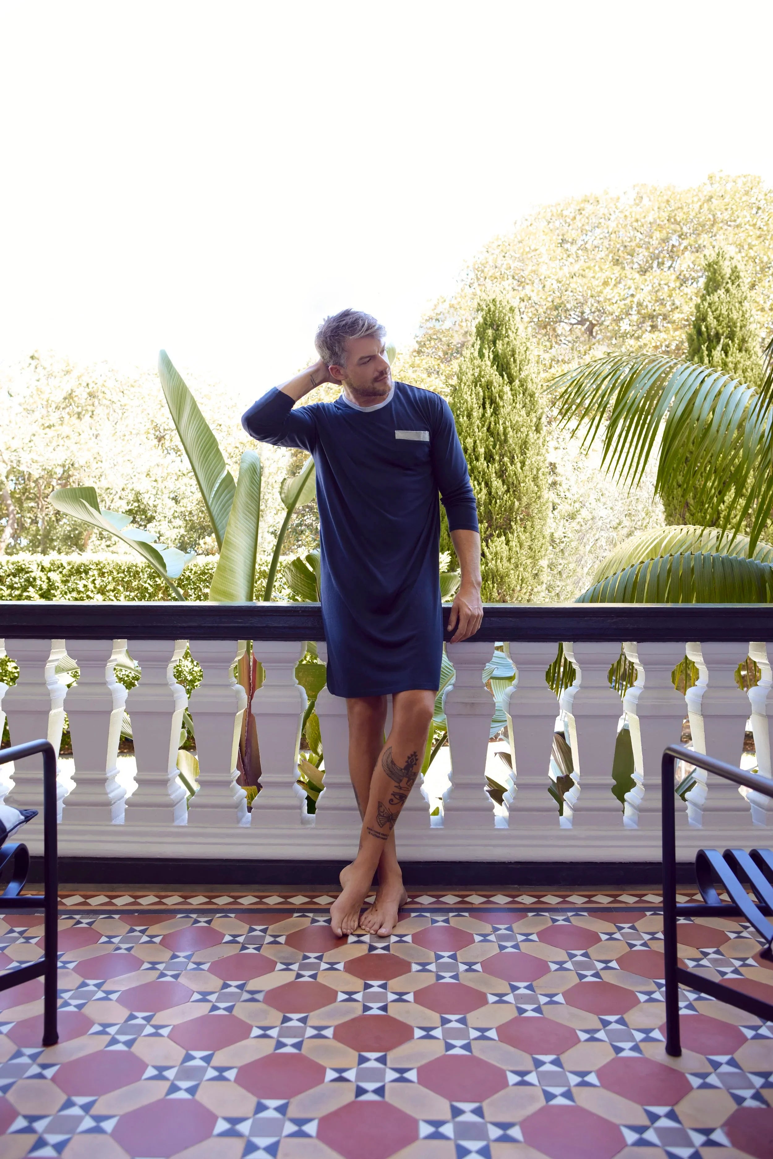 Bamboo Cotton Long Sl Nightshirt - Navy/Grey Nightshirt - Contare