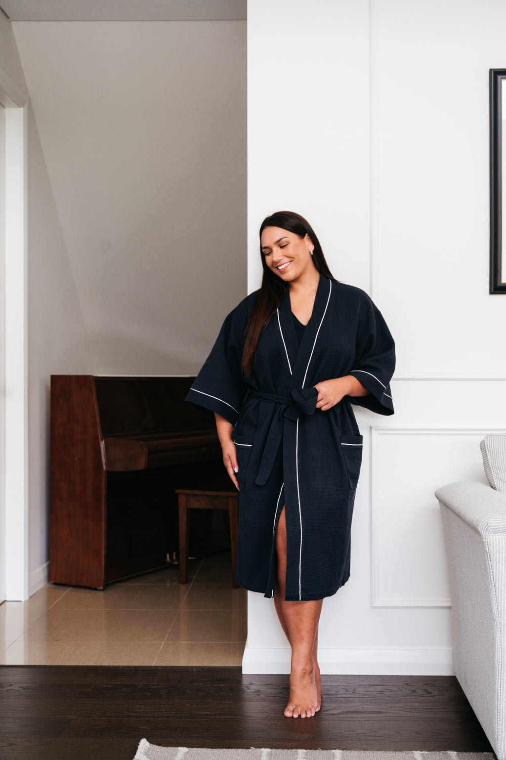 Unisex Cotton Waffle Bathrobe - French Navy