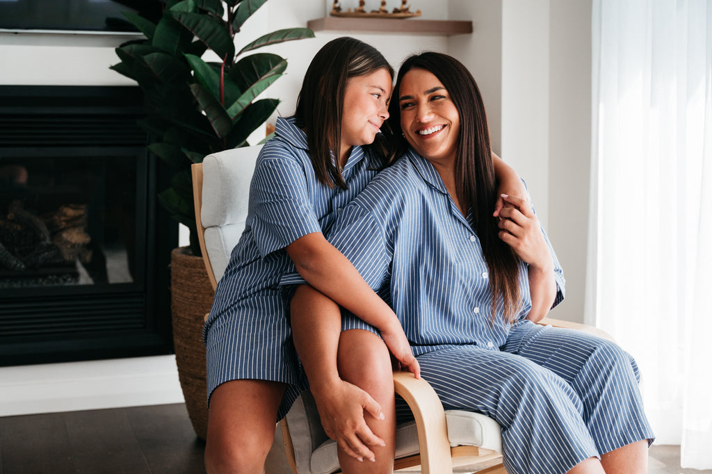 Women’s Refined Cotton Short Sleeve Crop Pyjama Set – Denim Stripe