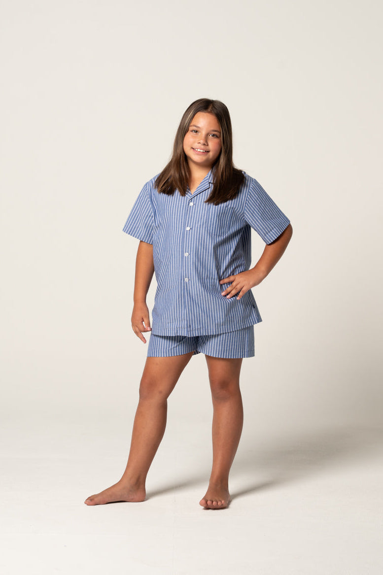 Kid's Cotton PJ set with button through short and pull on elastic waist shorts with adjustable waist ties