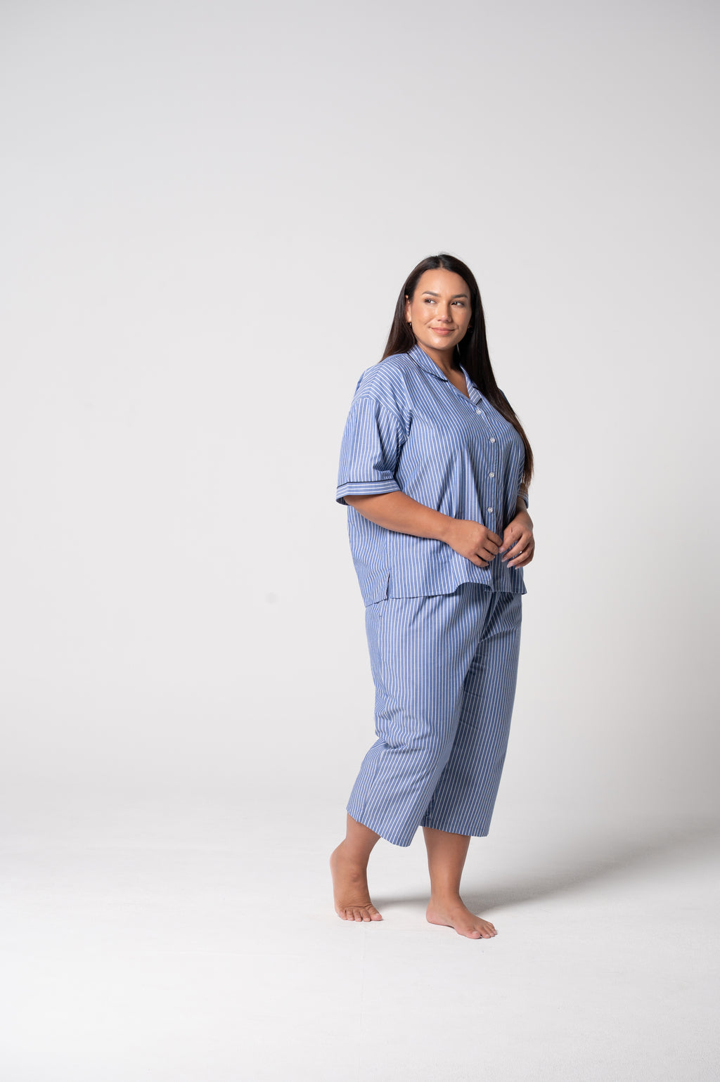 Women’s Refined Cotton Short Sleeve Crop Pyjama Set – Denim Stripe
