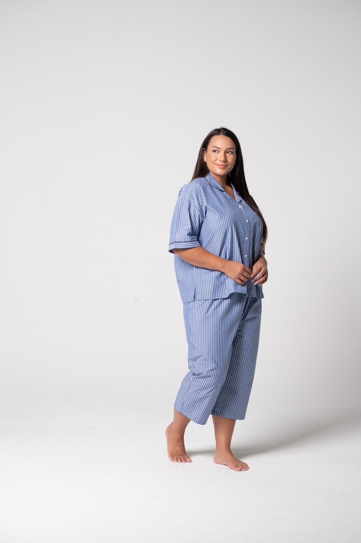 Women’s Refined Cotton Short Sleeve Crop Pyjama Set – Denim Stripe