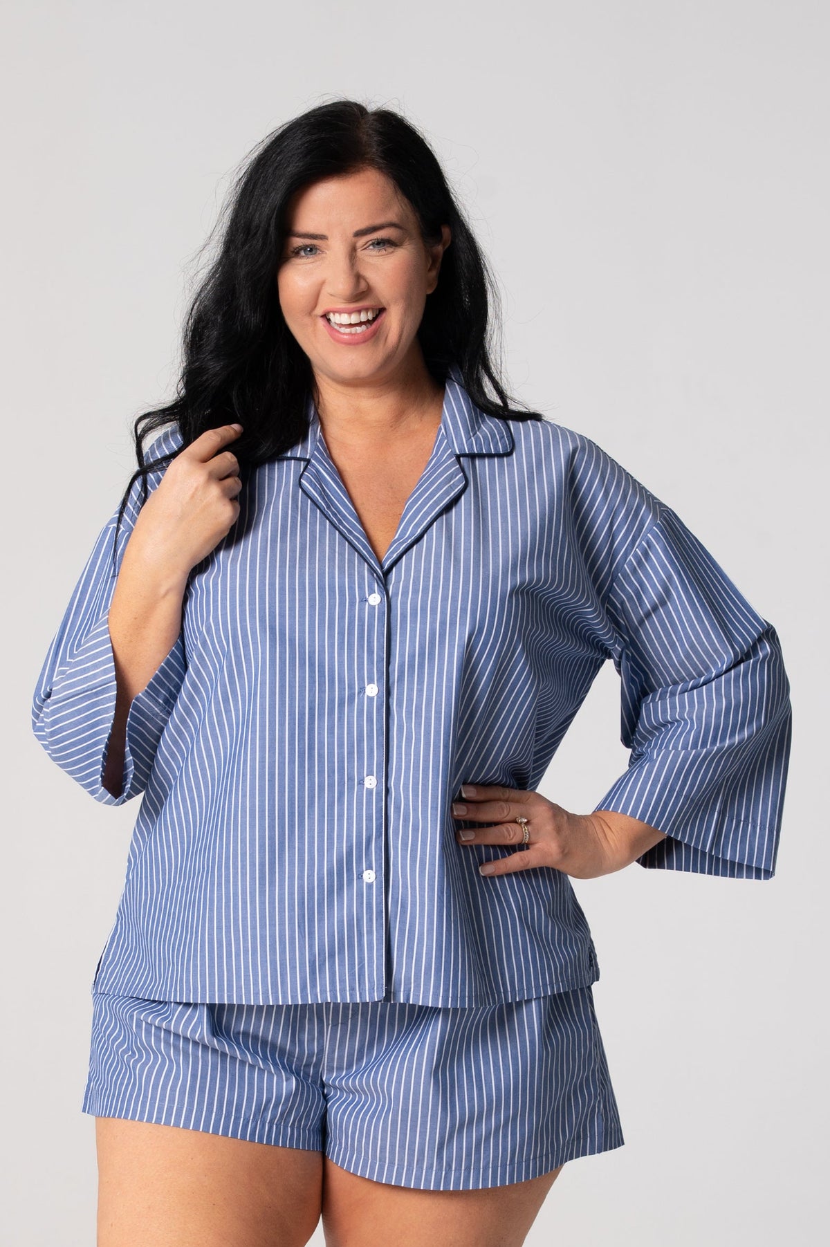 Women’s Refined Cotton ¾ Sleeve Shirt – Denim Stripe