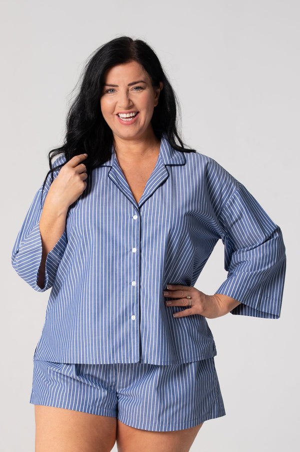 Women’s Refined Cotton ¾ Sleeve Shirt – Denim Stripe