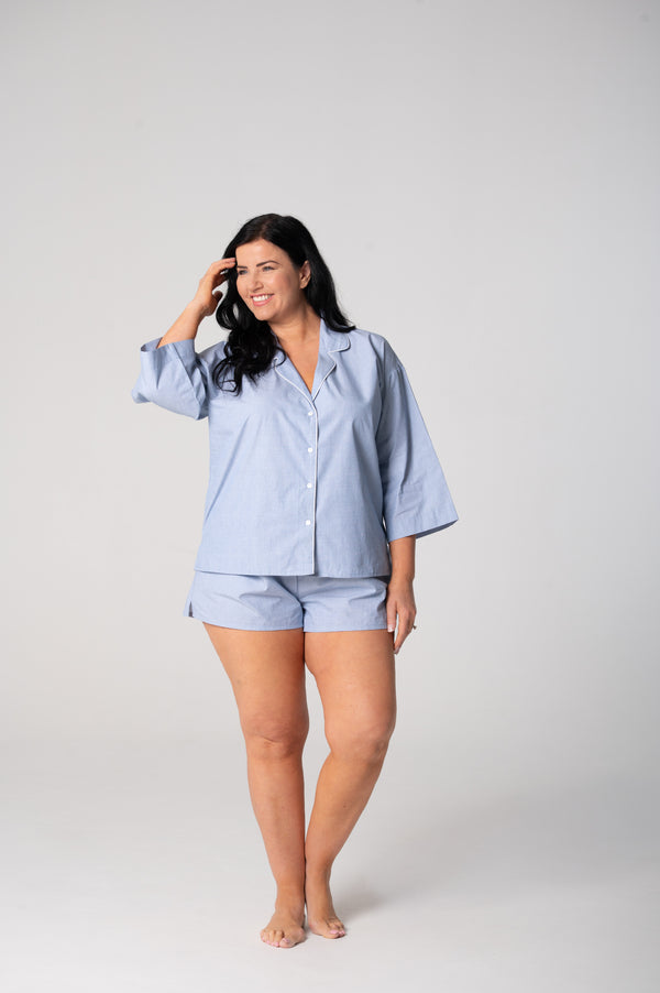 Women’s Refined Cotton ¾ Sleeve Boxer Pyjama Set – Chambray
