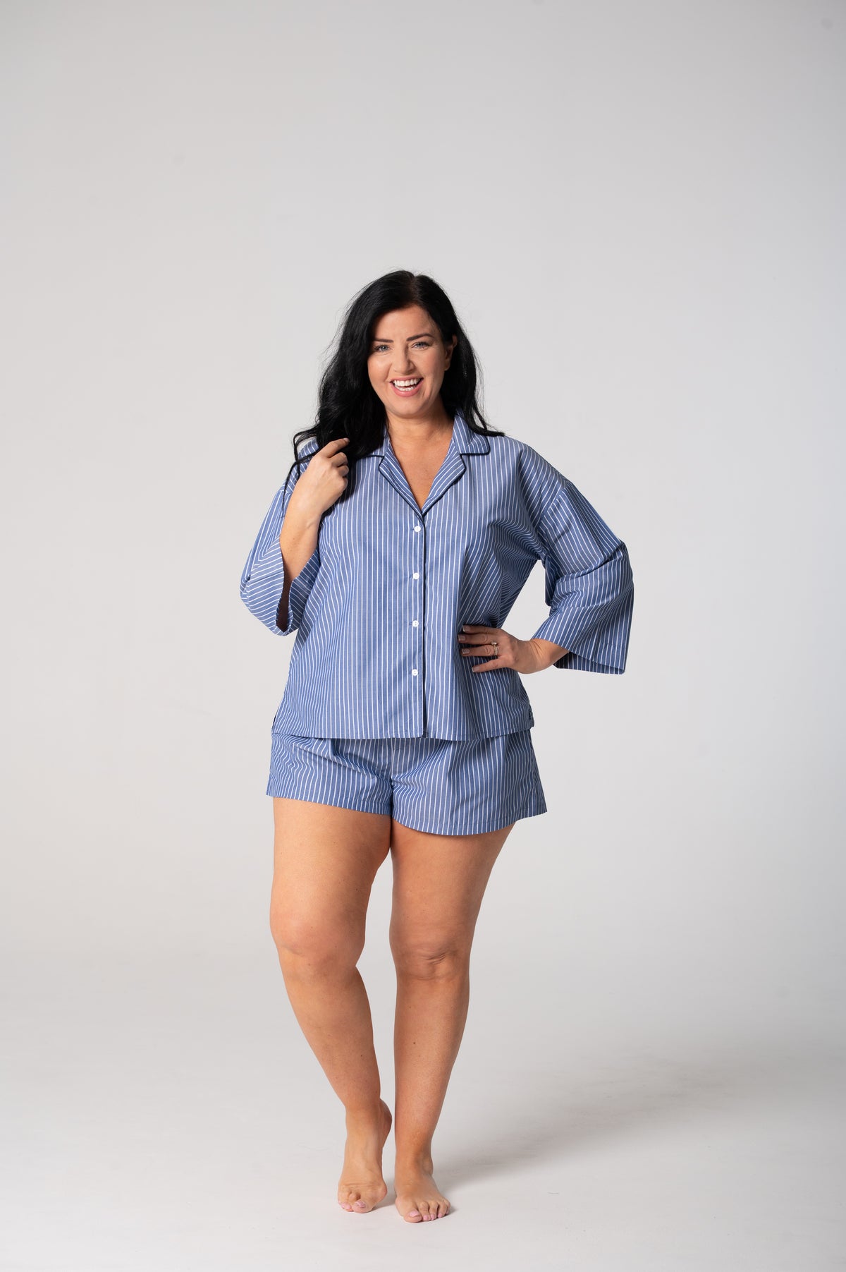 Women’s Refined Cotton ¾ Sleeve Boxer Pyjama Set – Denim Stripe