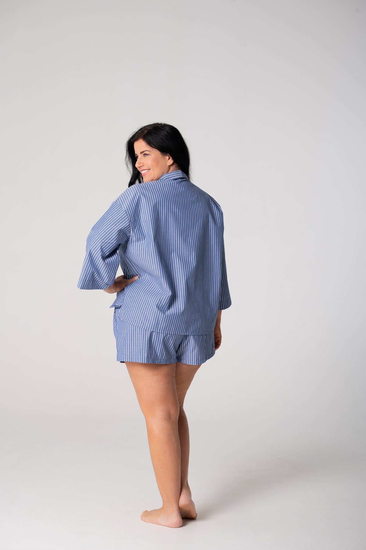 Women’s Refined Cotton ¾ Sleeve Boxer Pyjama Set – Denim Stripe