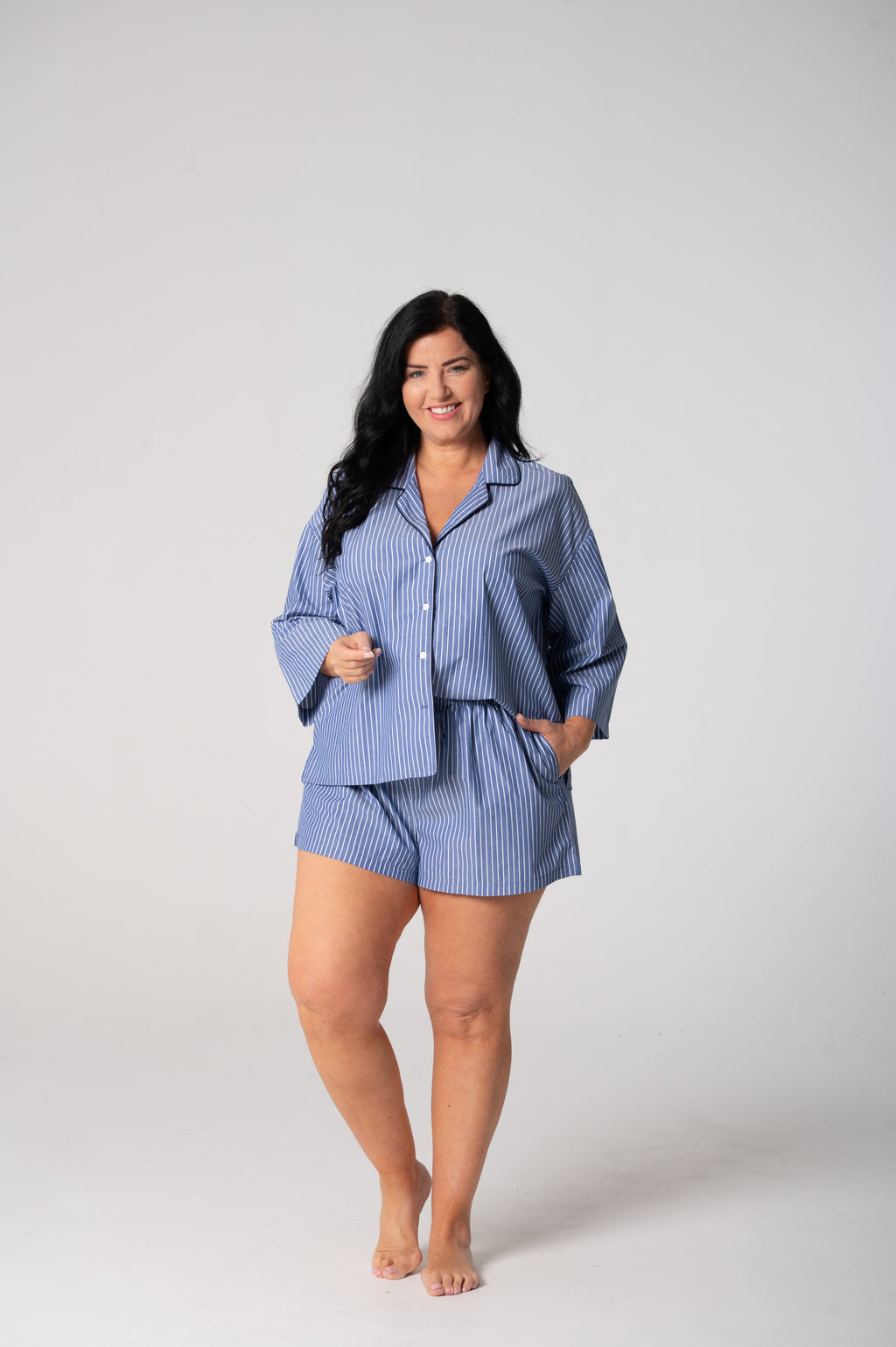 Women’s Refined Cotton ¾ Sleeve Boxer Pyjama Set – Denim Stripe