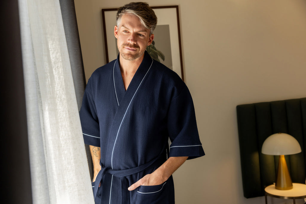 Men's Cotton Waffle Bathrobe - French Navy Robe - Contare