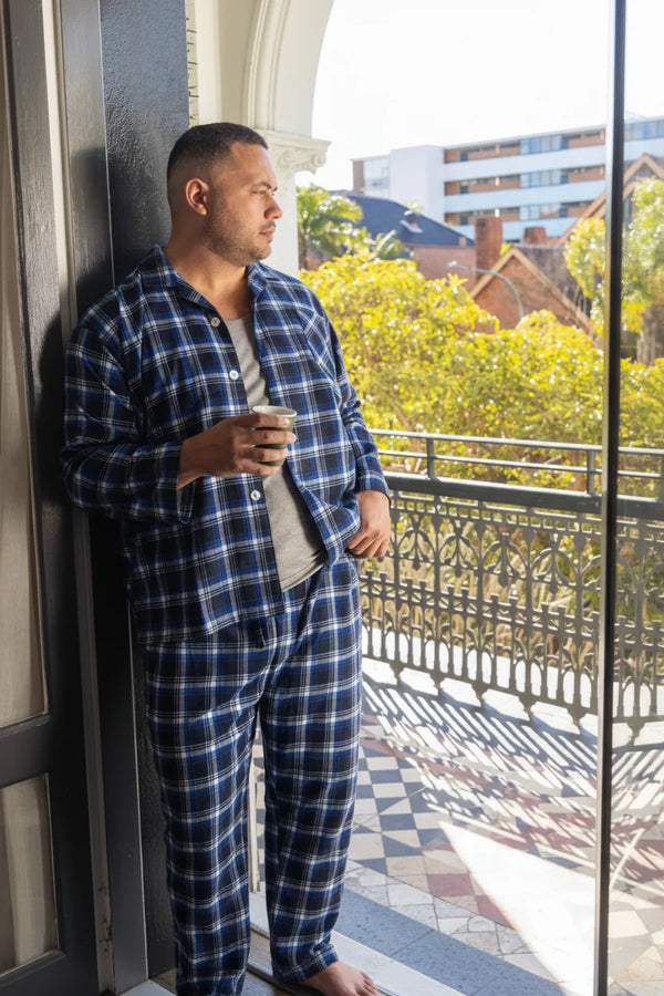 Men’s Flannelette Long Sleeve Pyjama Set – Irish Country Tartan, Blue Pyjama Sets - Contare