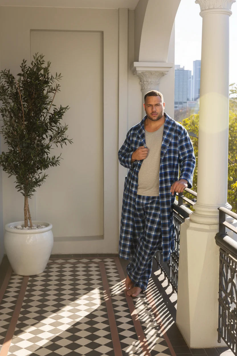Long Sleeve Flannelette Robe - Irish Country Blue Robe - Contare