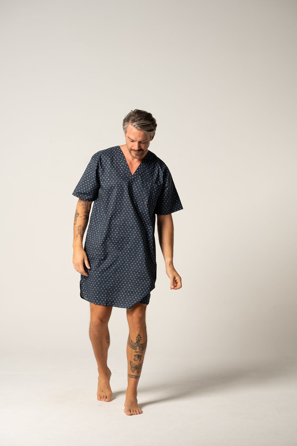 Men's Featherweight Cotton Short Sleeve Nightshirt - Indigo Geo Nightshirts - Contare