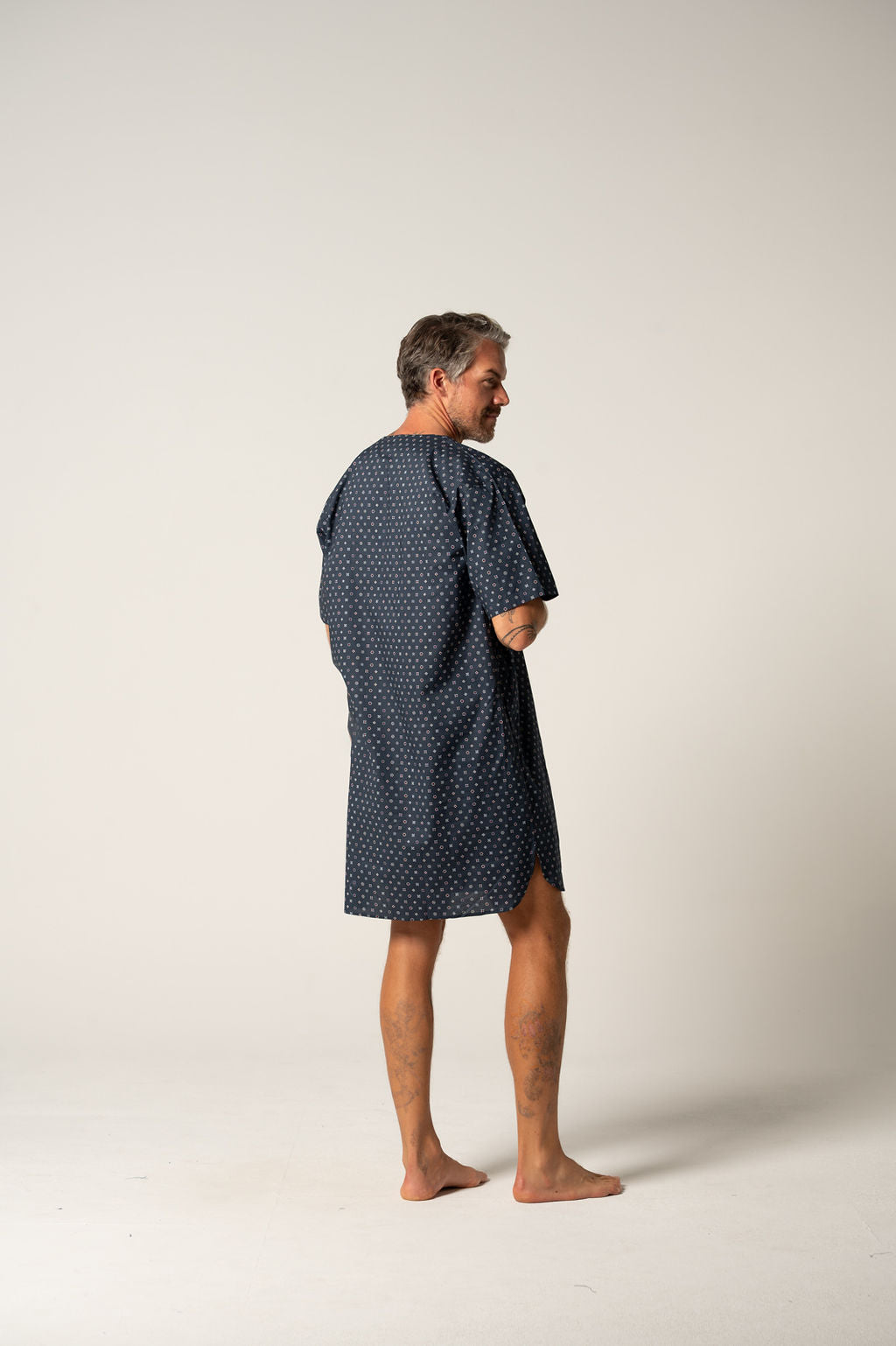 Men's Featherweight Cotton Short Sleeve Nightshirt - Indigo Geo Nightshirts - Contare