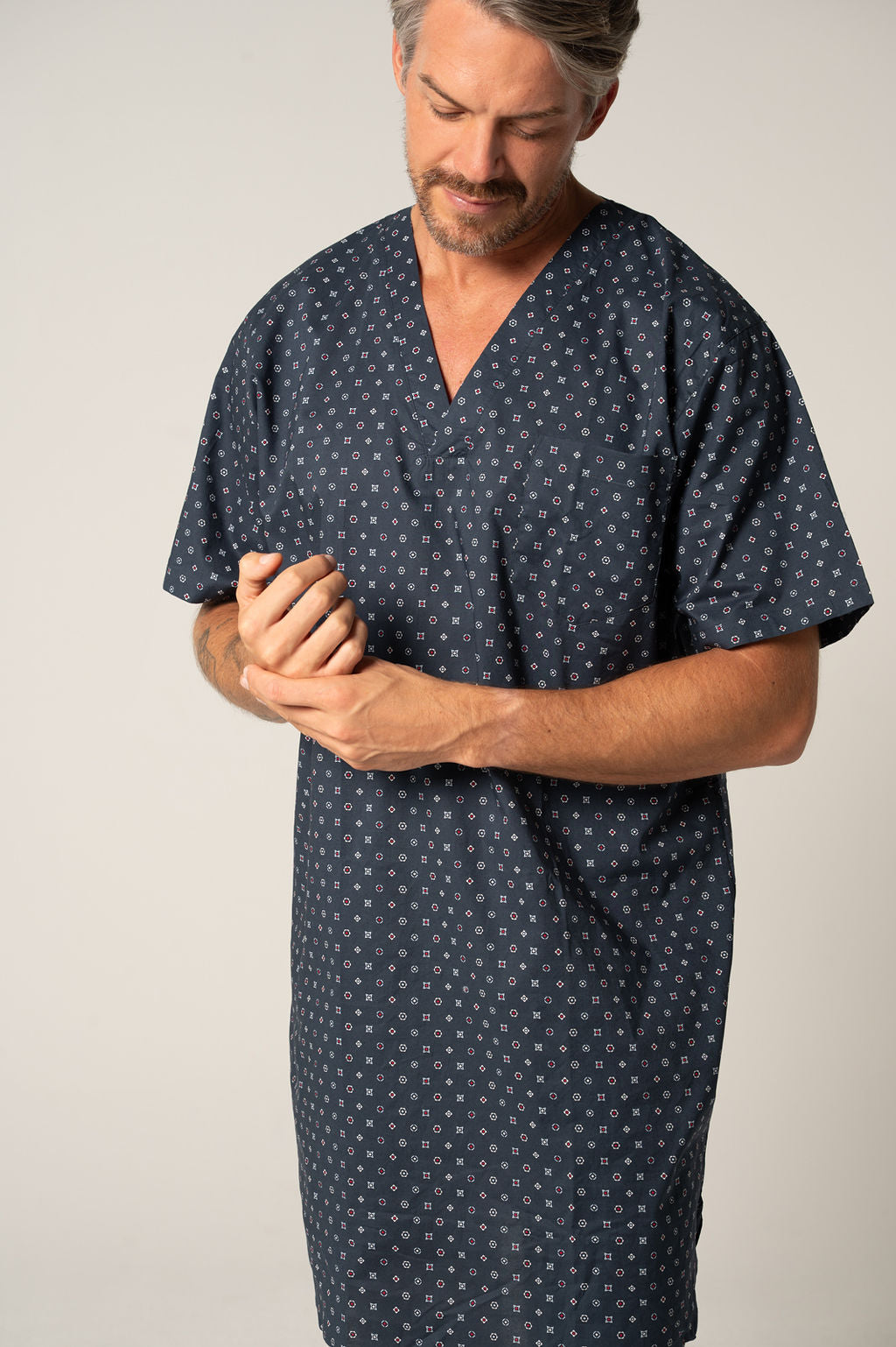 Men's Featherweight Cotton Short Sleeve Nightshirt - Indigo Geo Nightshirts - Contare