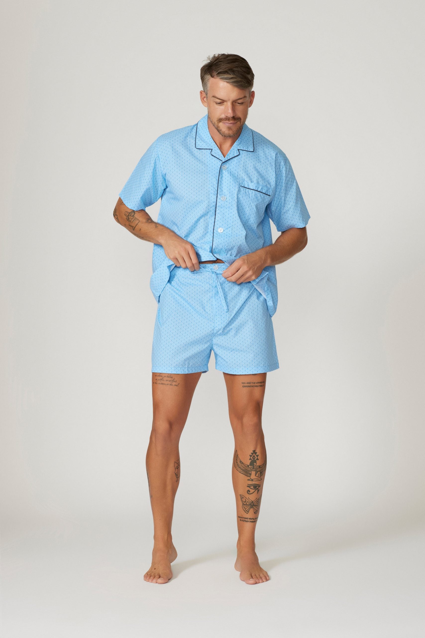 Cotton Rich Short Sleeve Set - Light Blue Squares
